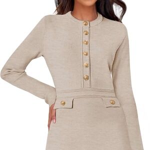 NWT Merokeety Tan Kneelength Sweater Dress with Gold Decrative Buttons - size L